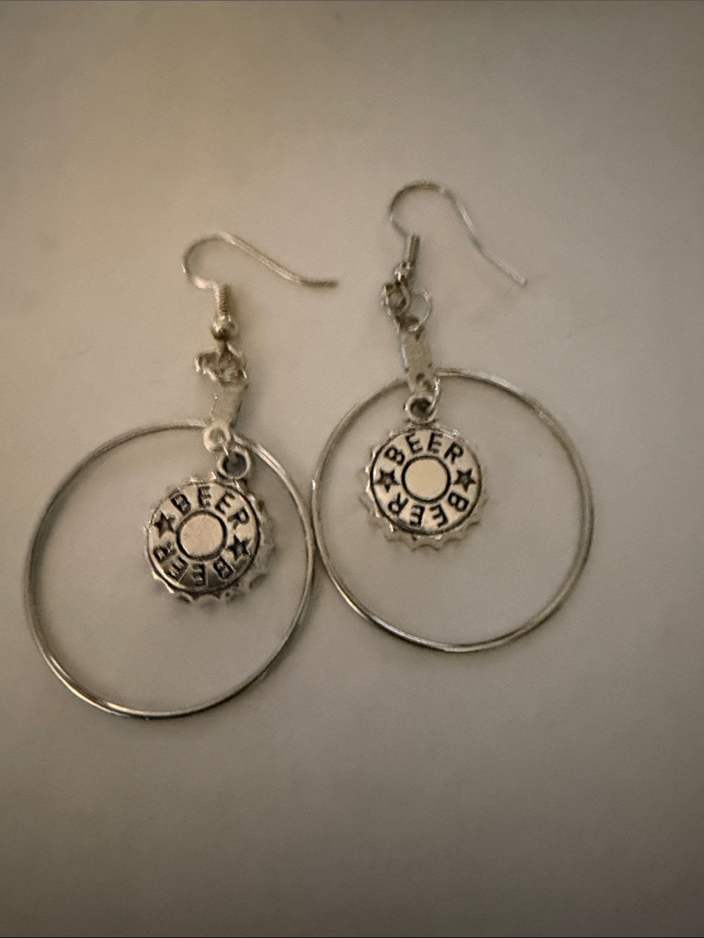 Silver Hoop Earrings with Beer Bottle Cap Charm